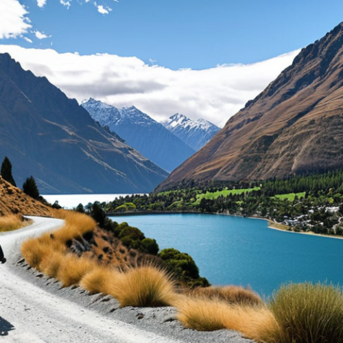 Home 15 **
Scenic view of Queenstown Trail in New Zealand, featuring mountains, a lake, and a cyclist riding on a challenging path. Capture the adventurous spirit of the trail.
**