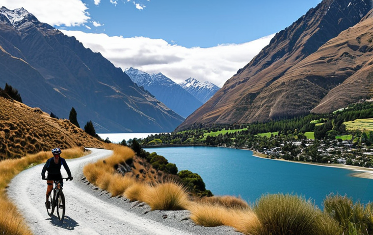 **
Scenic view of Queenstown Trail in New Zealand, featuring mountains, a lake, and a cyclist riding on a challenging path. Capture the adventurous spirit of the trail.
**