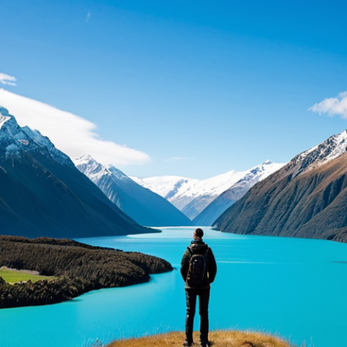 Home 14 A person standing on a scenic viewpoint overlooking a stunning New Zealand landscape. Majestic snow-capped mountains and a turquoise lake are visible in the background under a clear sky. The person is fully clothed in modest, appropriate outdoor adventure attire, facing away slightly, admiring the view with a sense of peace and relaxation. The atmosphere is serene and inviting. Perfect anatomy, correct proportions, natural pose, well-formed hands, proper finger count. Professional photography, high resolution, soft natural lighting, safe for work, appropriate content, fully clothed, family-friendly.