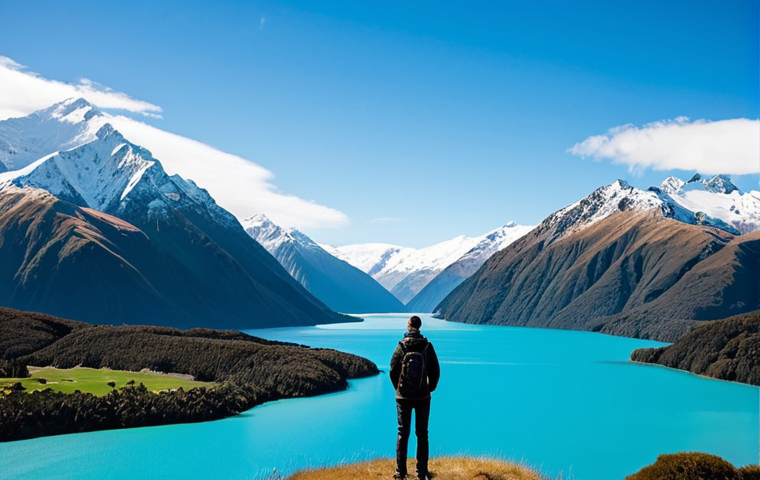A person standing on a scenic viewpoint overlooking a stunning New Zealand landscape. Majestic snow-capped mountains and a turquoise lake are visible in the background under a clear sky. The person is fully clothed in modest, appropriate outdoor adventure attire, facing away slightly, admiring the view with a sense of peace and relaxation. The atmosphere is serene and inviting. Perfect anatomy, correct proportions, natural pose, well-formed hands, proper finger count. Professional photography, high resolution, soft natural lighting, safe for work, appropriate content, fully clothed, family-friendly.