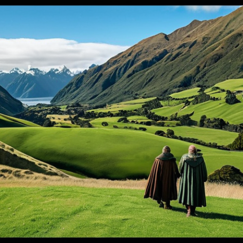 Home 7 **
A professional photographer capturing a scene from "The Lord of the Rings" in New Zealand. Rolling green hills, majestic mountains in the background, safe for work, appropriate content, fully clothed actors in fantasy costumes, perfect anatomy, natural proportions, professional photography, high quality, family-friendly, wide-angle shot.
**