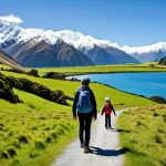 **

"A scenic view of New Zealand's South Island. Rolling green hills meet snow-capped mountains, a pristine lake reflects the landscape. In the foreground, a family is hiking on a well-maintained trail, fully clothed in outdoor gear, appropriate attire. Solar panels are subtly visible on a nearby farm. Safe for work, appropriate content, professional landscape photography, perfect anatomy, natural proportions, family-friendly, showcasing sustainable tourism."

**