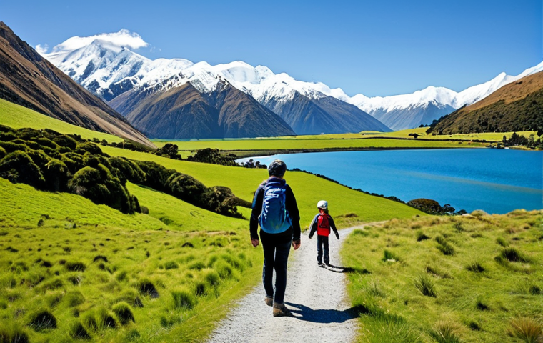 **

"A scenic view of New Zealand's South Island. Rolling green hills meet snow-capped mountains, a pristine lake reflects the landscape. In the foreground, a family is hiking on a well-maintained trail, fully clothed in outdoor gear, appropriate attire. Solar panels are subtly visible on a nearby farm. Safe for work, appropriate content, professional landscape photography, perfect anatomy, natural proportions, family-friendly, showcasing sustainable tourism."

**