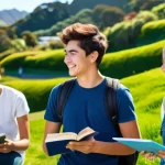 뉴질랜드 유학 후 취업 가능성 - A vibrant, sunny scene depicting a diverse group of young adult international students (aged 18-25) ...