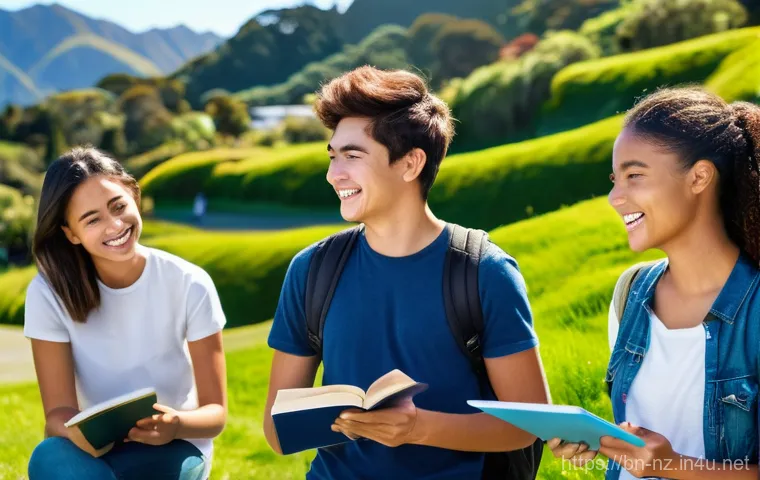 뉴질랜드 유학 후 취업 가능성 - A vibrant, sunny scene depicting a diverse group of young adult international students (aged 18-25) ...