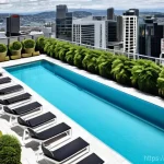 뉴질랜드 숙박 시설 추천  호텔 에어비앤비 캠핑장 - **Prompt 1: Modern City Hotel with Rooftop Pool and Skyline View**
    "A vibrant, high-angle archit...