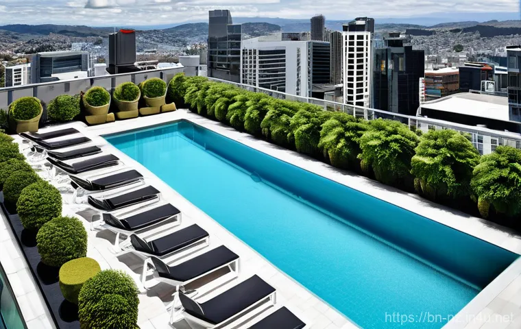뉴질랜드 숙박 시설 추천  호텔 에어비앤비 캠핑장 - **Prompt 1: Modern City Hotel with Rooftop Pool and Skyline View**
    "A vibrant, high-angle archit...