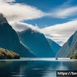 뉴질랜드와 아이슬란드 자연 환경 비교 - A serene and breathtaking panorama of New Zealand's Fiordland National Park. The scene features a de...
