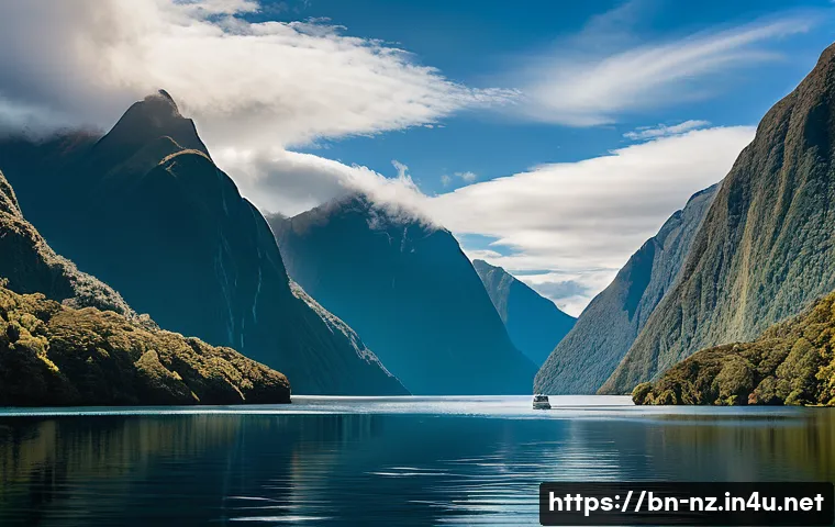 뉴질랜드와 아이슬란드 자연 환경 비교 - A serene and breathtaking panorama of New Zealand's Fiordland National Park. The scene features a de...