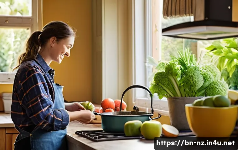 뉴질랜드에서 한달 살기 경험담 - **Prompt 1: A Cozy Culinary Adventure in New Zealand**
    "A young adult, with a warm smile, cookin...