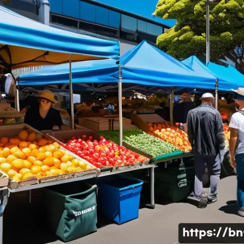 뉴질랜드 범죄율과 안전한 여행 팁 - A bustling Auckland city market scene during daytime, featuring diverse tourists carefully securing ...
