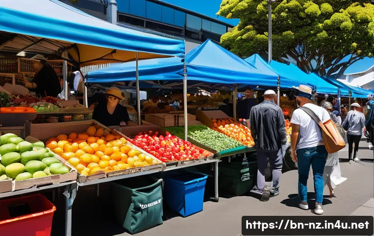 뉴질랜드 범죄율과 안전한 여행 팁 - A bustling Auckland city market scene during daytime, featuring diverse tourists carefully securing ...
